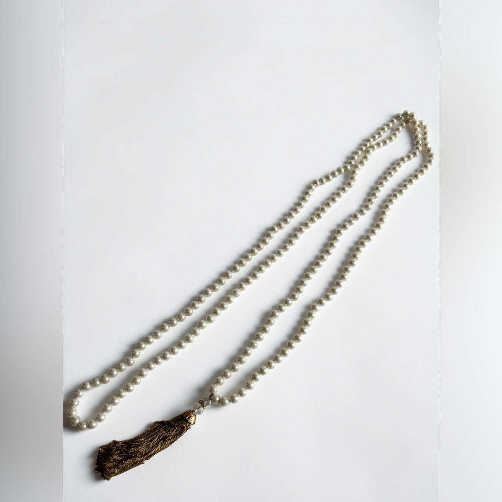 Vintage Pearl Tassel Necklace Long Strand Gold Tone